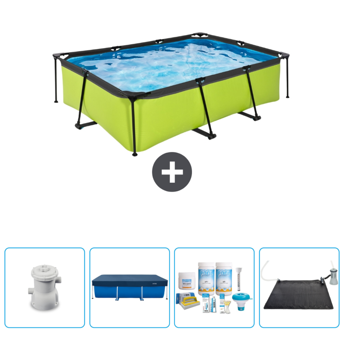 Piscine rectangulaire verte avec de l'eau, cadre noir. Extras : filtre, couverture, produits chimiques et tapis solaire.
