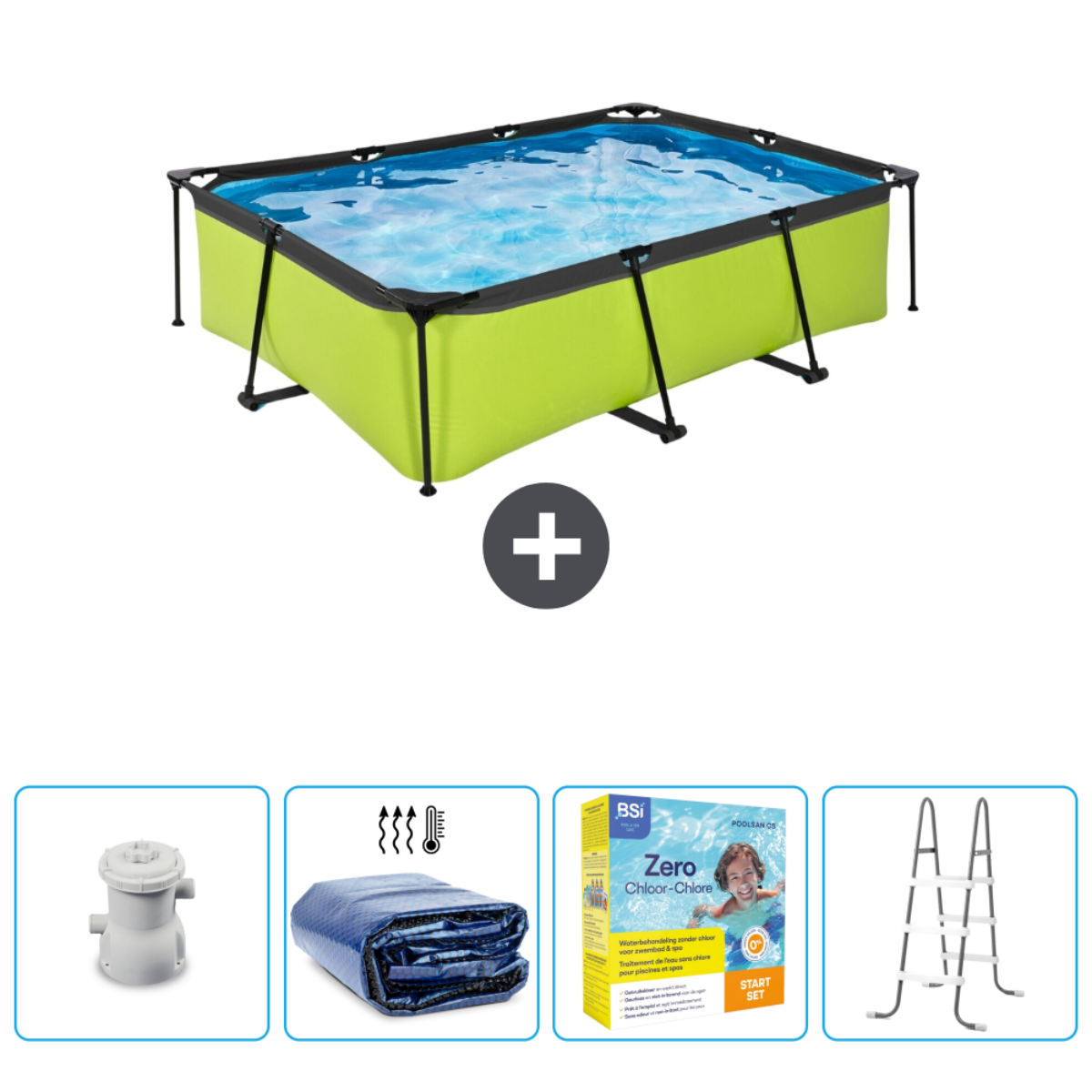 Piscine rectangulaire verte avec de l'eau, filtre, couverture, zéro chlore et échelle.