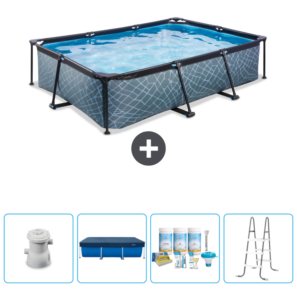 Een rechthoekig zwembad met grijs patroon en accessoires. Inclusief pomp, afdekking, schoonmaak en ladder.