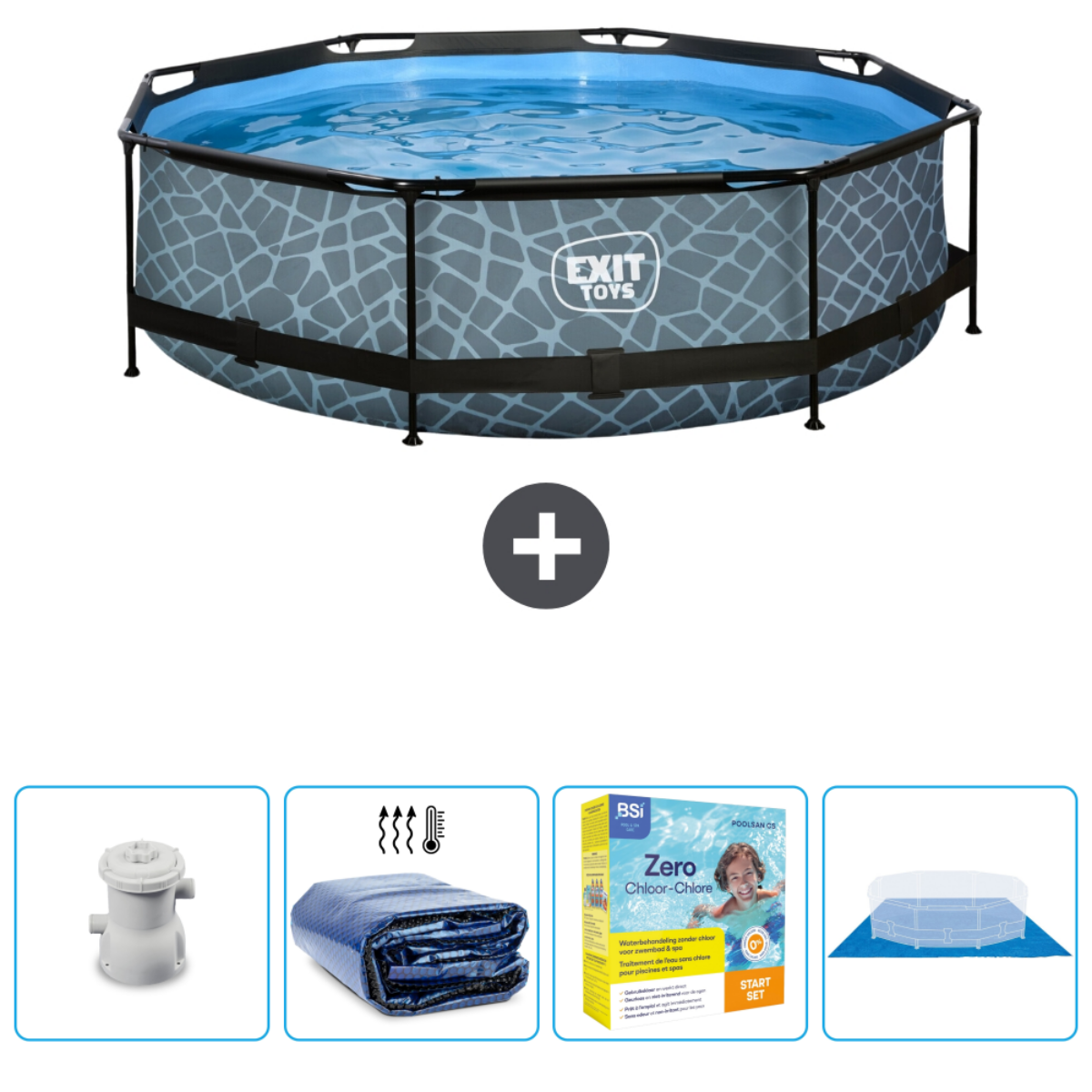 Rond zwembad met grijs patroon, accessoires: filter, afdekking en zwembadchemicaliën.