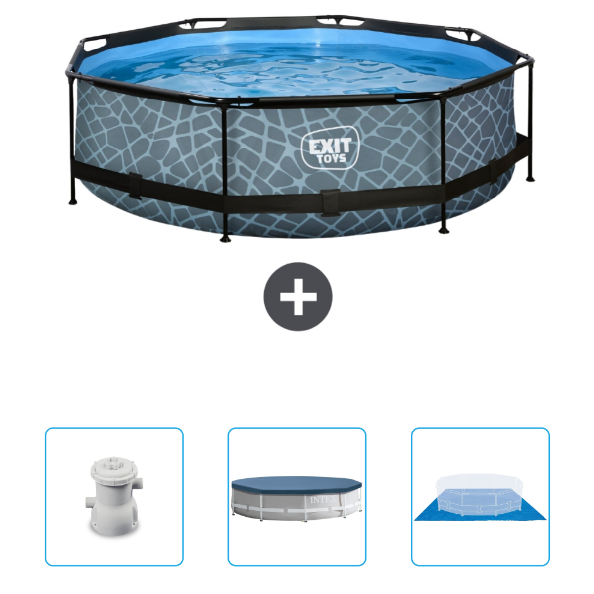 Piscine hexagonale avec accessoires: pompe, couverture et tapis bleu.