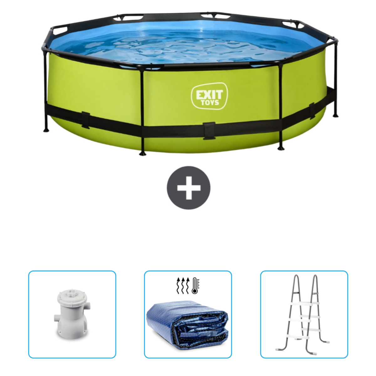 Piscine verte avec accessoires : pompe, couverture et échelle. Pleine d'eau.