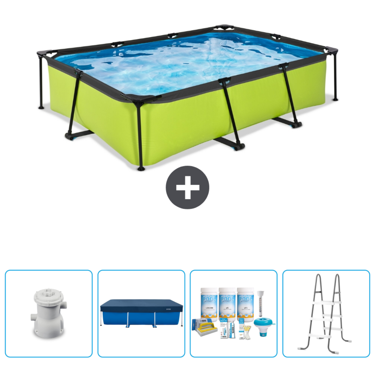 Piscine rectangulaire verte avec accessoires. Inclut filtre, couverture, produits chimiques et échelle. Eau claire.