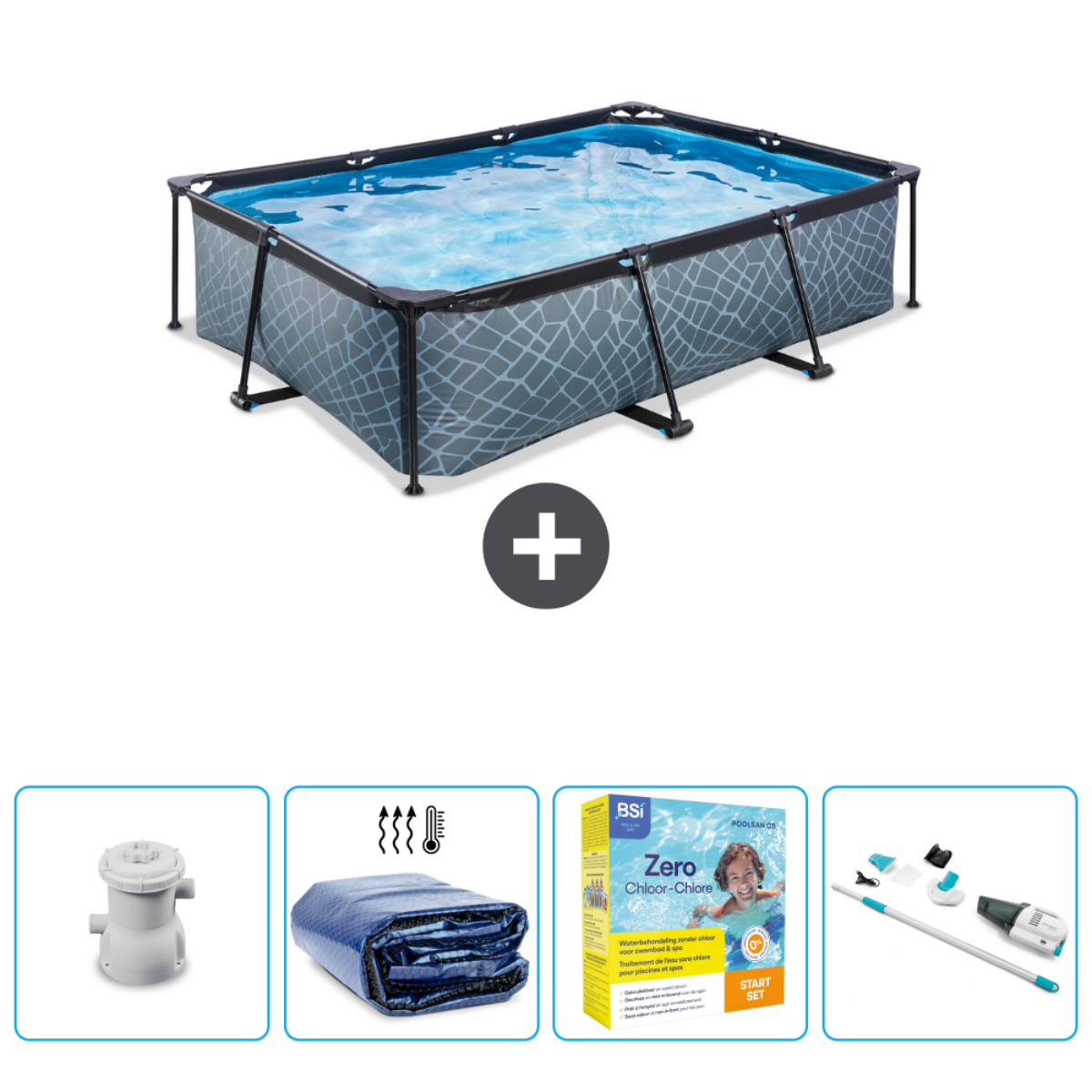 Grijs patroon rechthoekig zwembad met zwart frame, accessoires. Plus teken en gerelateerde items hieronder.
