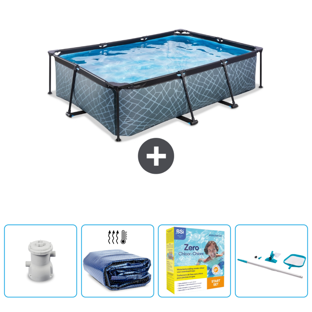Piscine rectangulaire avec accessoires. Côtés en mosaïque grise, cadre noir, eau bleue. Pompe, couverture et produits chimiques.