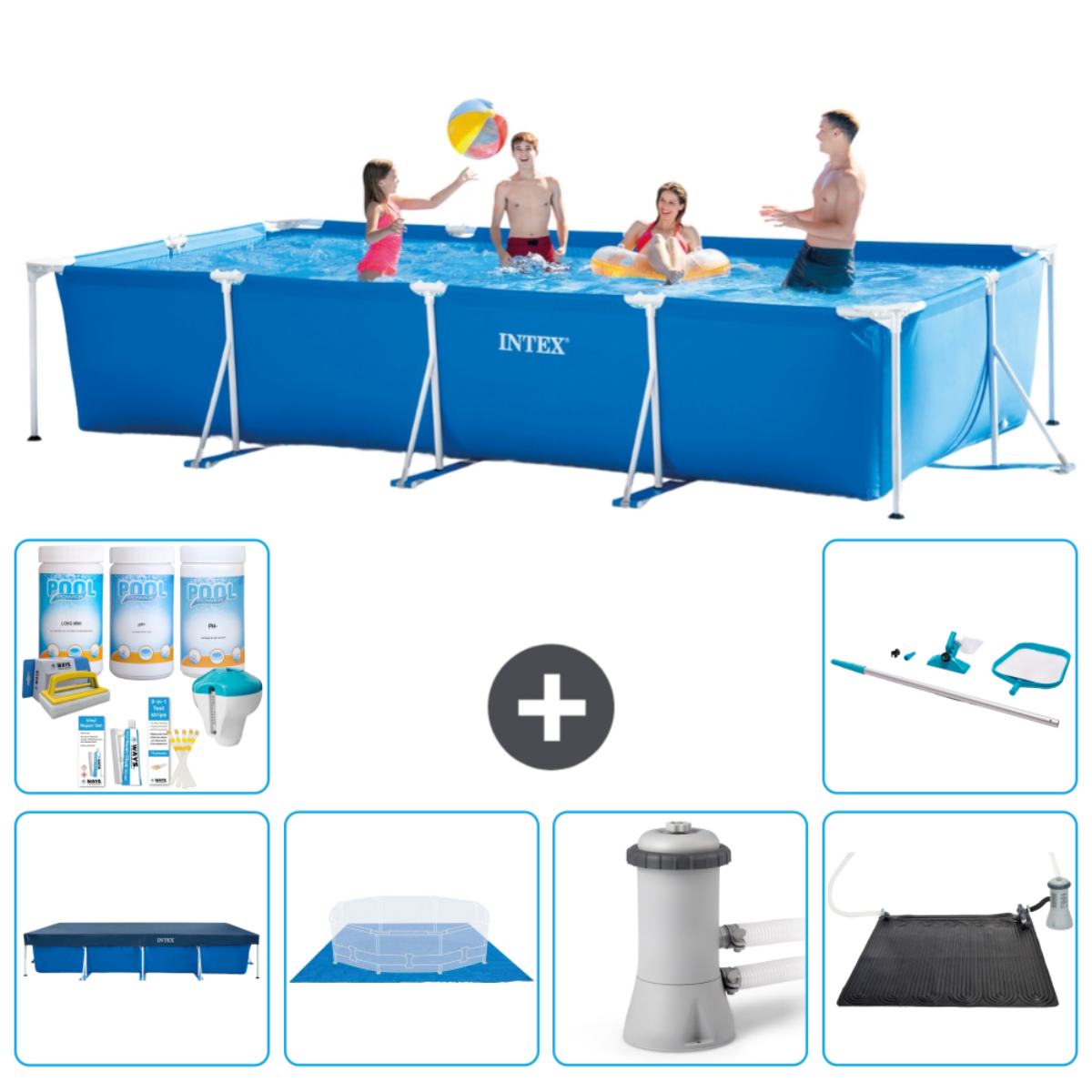 Een blauw rechthoekig zwembad met mensen. Inclusief zwembadchemicaliën en een schoonmaakset. Mensen in.