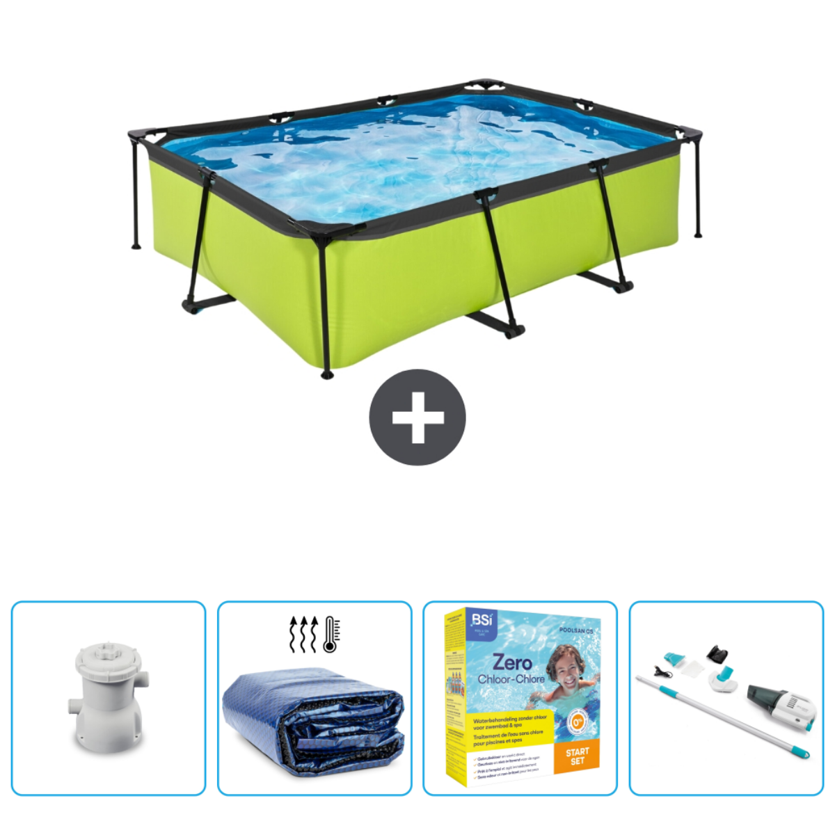 Piscine rectangulaire verte, accessoires: filtre, couverture, produits chimiques et outils de nettoyage.