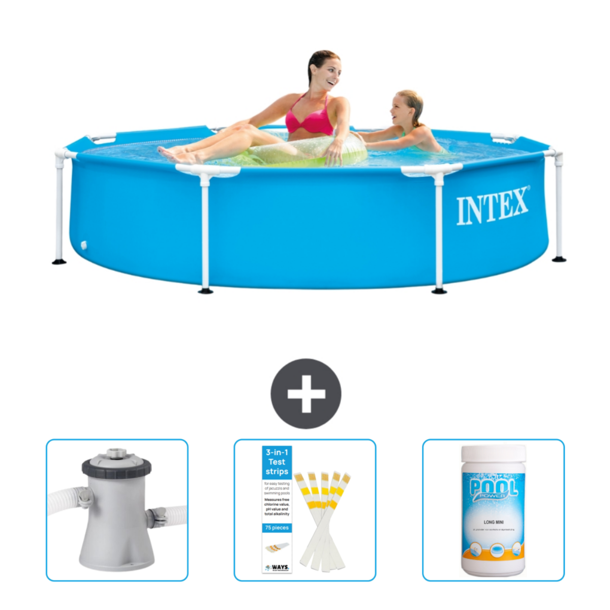 Blue pool with people. Plus sign. Accessories: filter, test strips, and chlorine tablets.