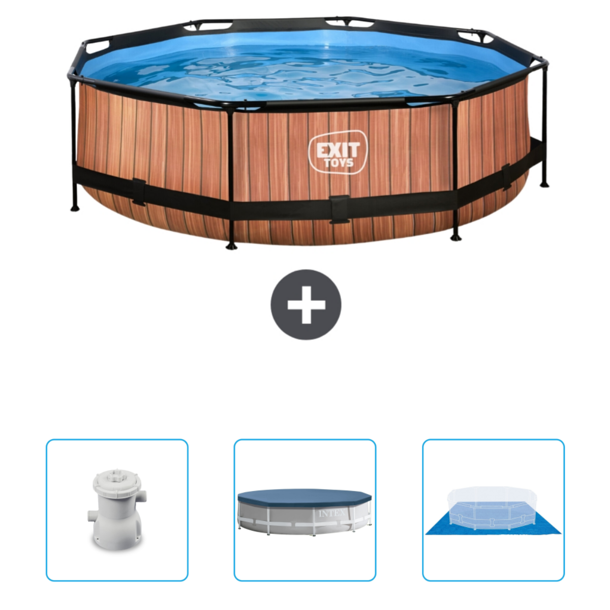 Piscine hexagonale aspect bois avec accessoires: pompe, couverture et tapis de sol.