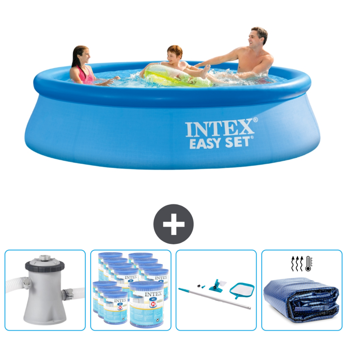 Blauwe opblaasbare pool met familie. Inclusief filter, chemicaliën, schoonmaaknet en afdekking. Mensen in het water.