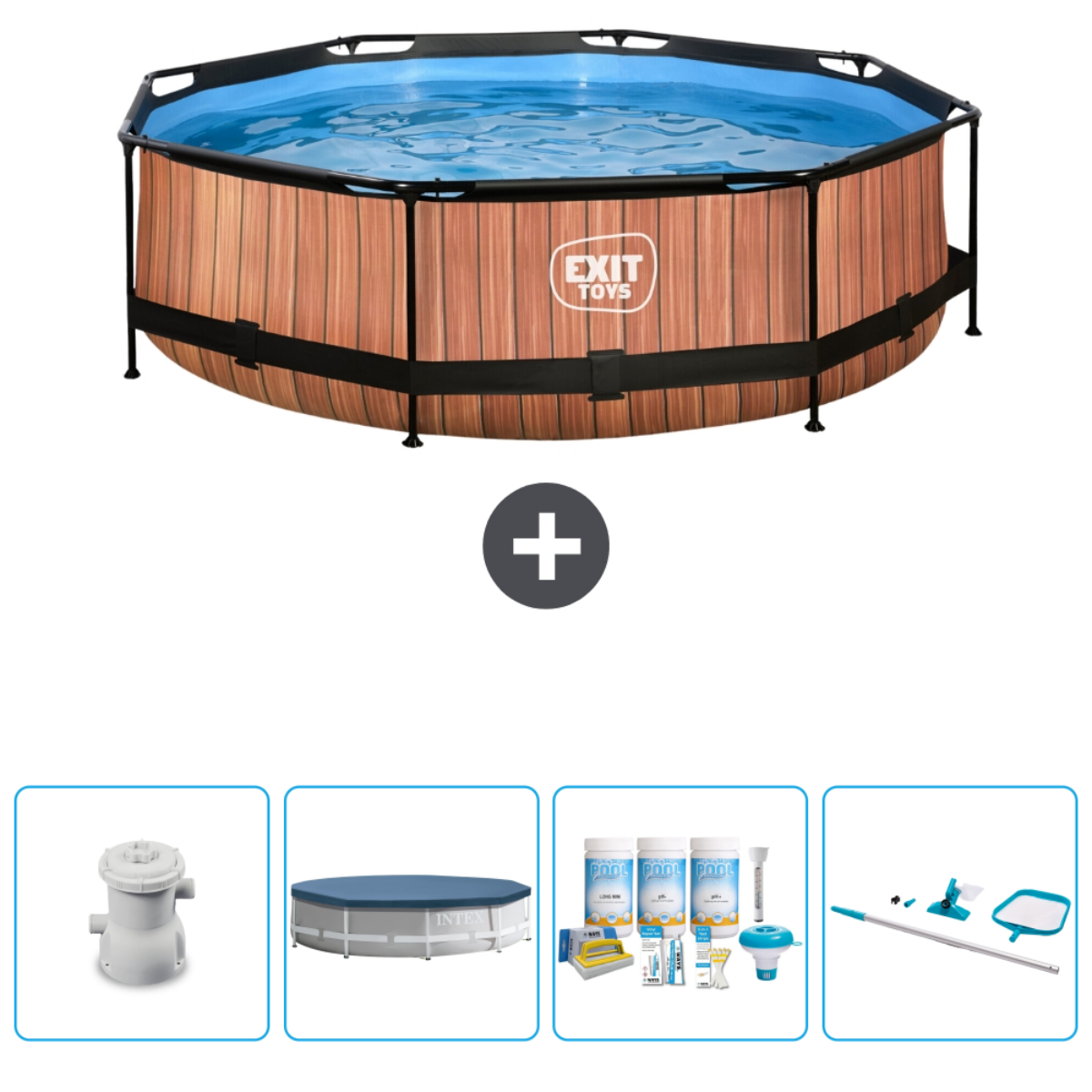 Piscine aspect bois avec pompe, bâche, produits chimiques et kit nettoyage. Plus au milieu.