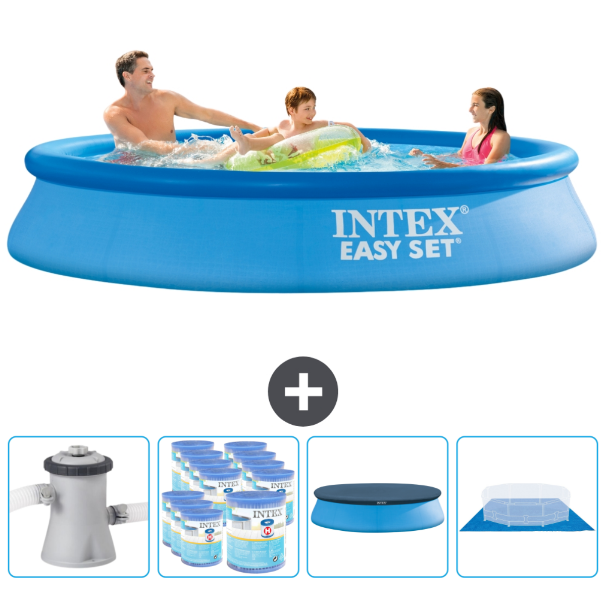 Blauer Intex Easy Set Pool mit drei Personen und Zubehör wie Pumpe und Abdeckung.
