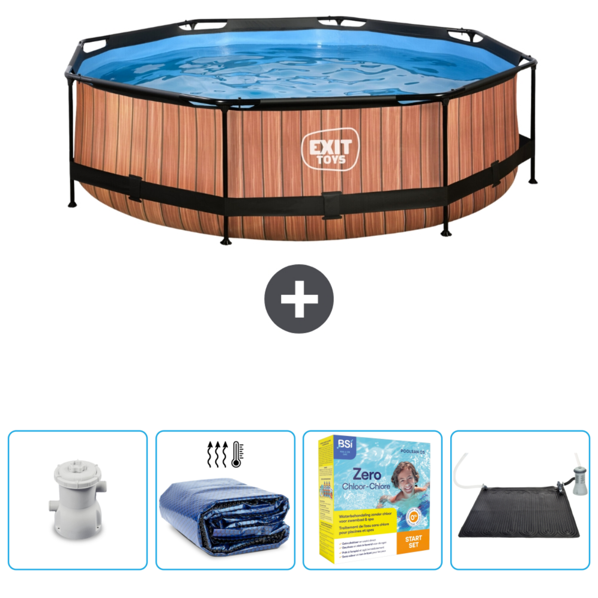 Piscine avec panneaux en bois et accessoires. Comprend un filtre, une bâche et des produits chimiques.