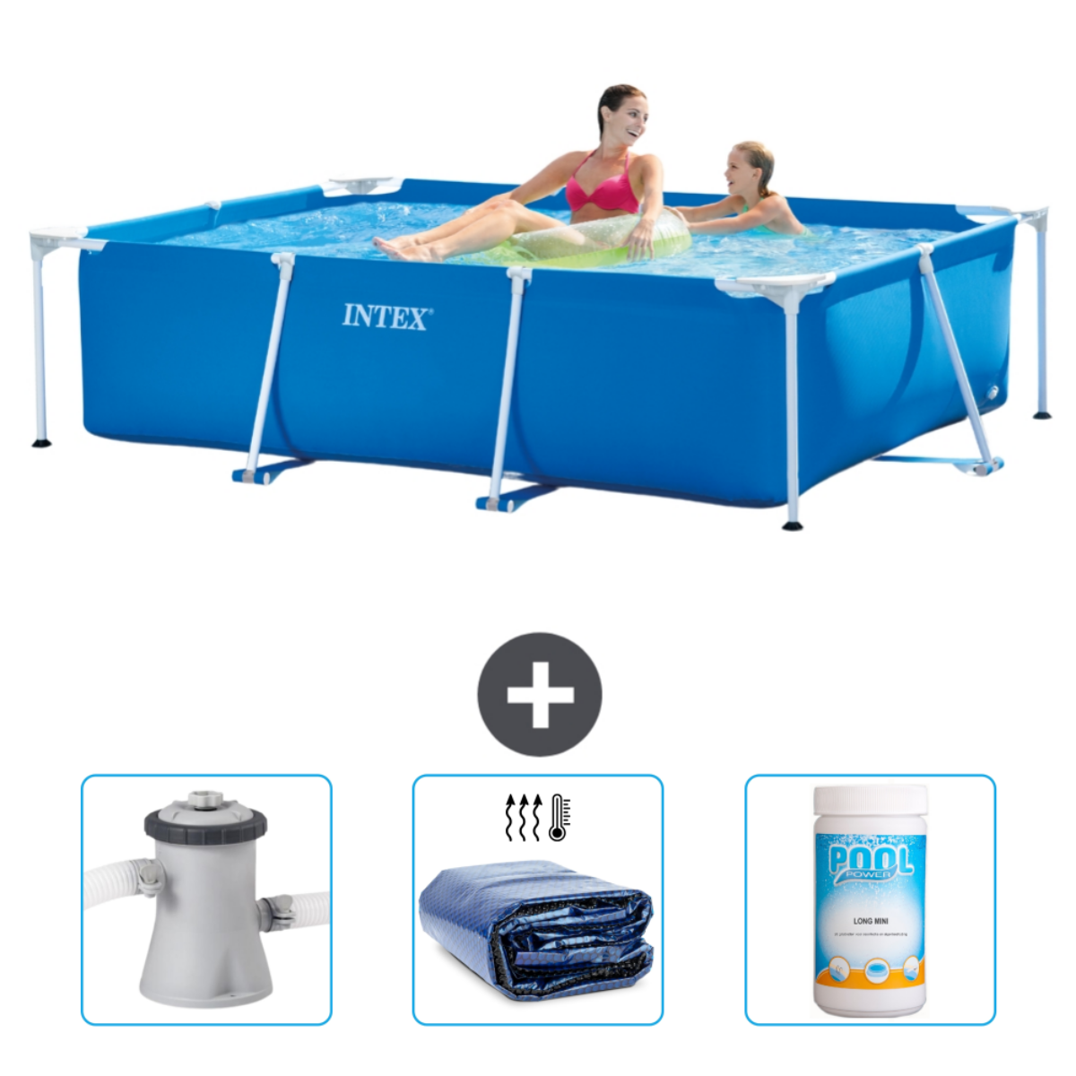 Menschen in einem blauen Pool. Zubehör umfasst Filter, Abdeckung und Chemikalien.