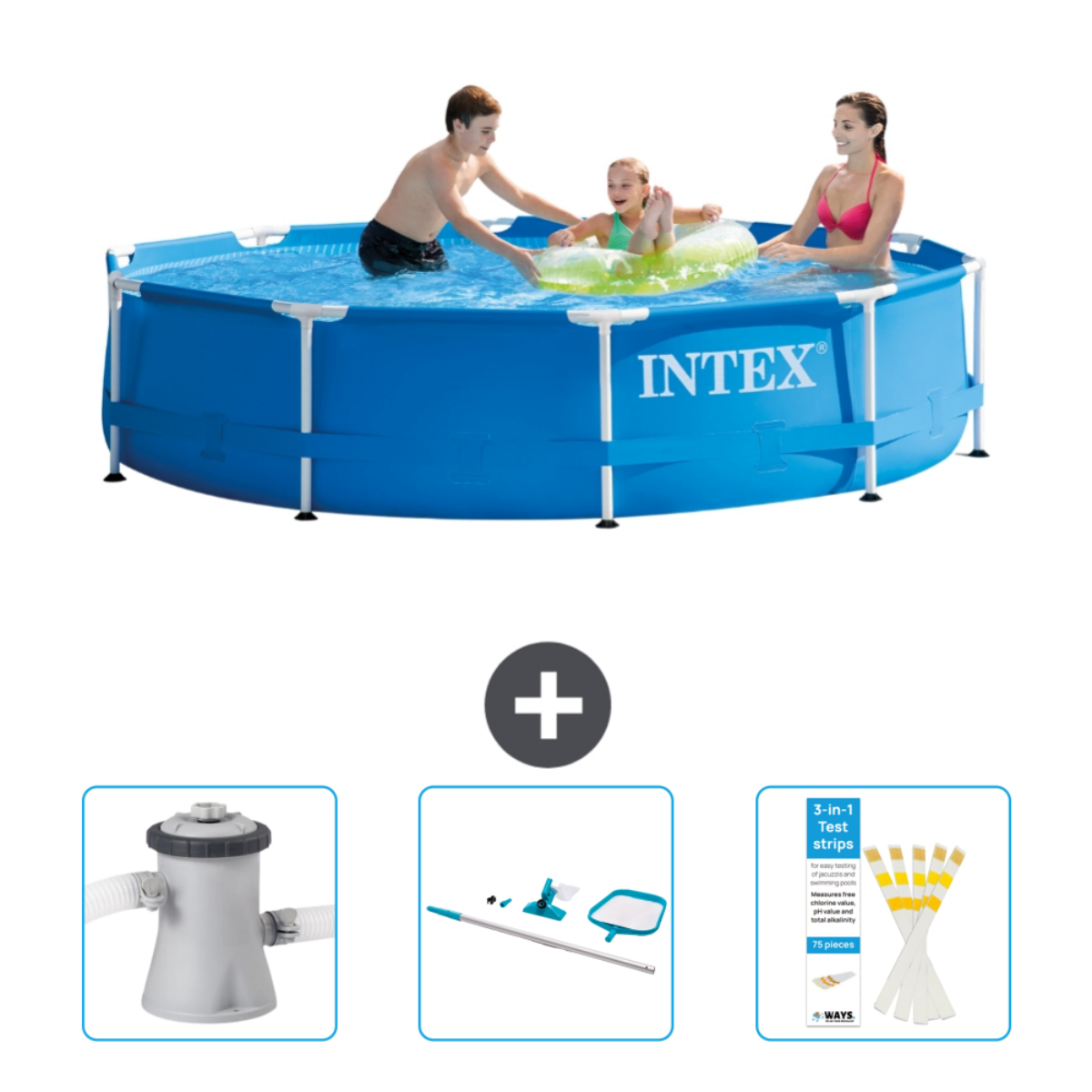 Blue pool with people swimming. Below, pool accessories, test strips and a cleaning kit.