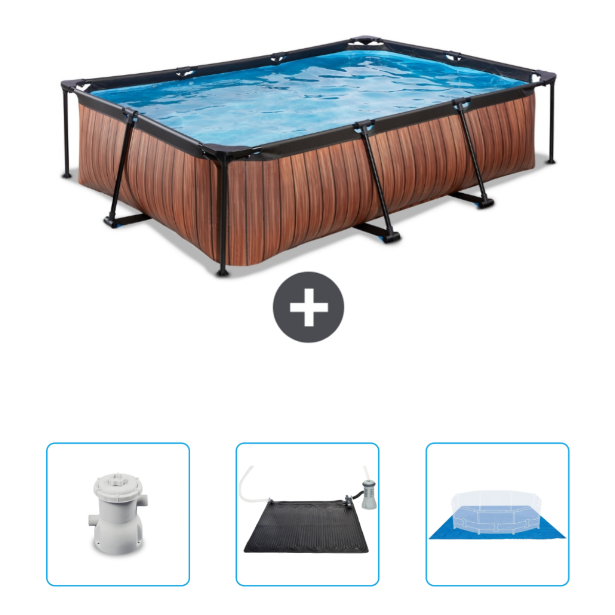 Rechthoekig zwembad met water, houtlook zijkanten en accessoires.