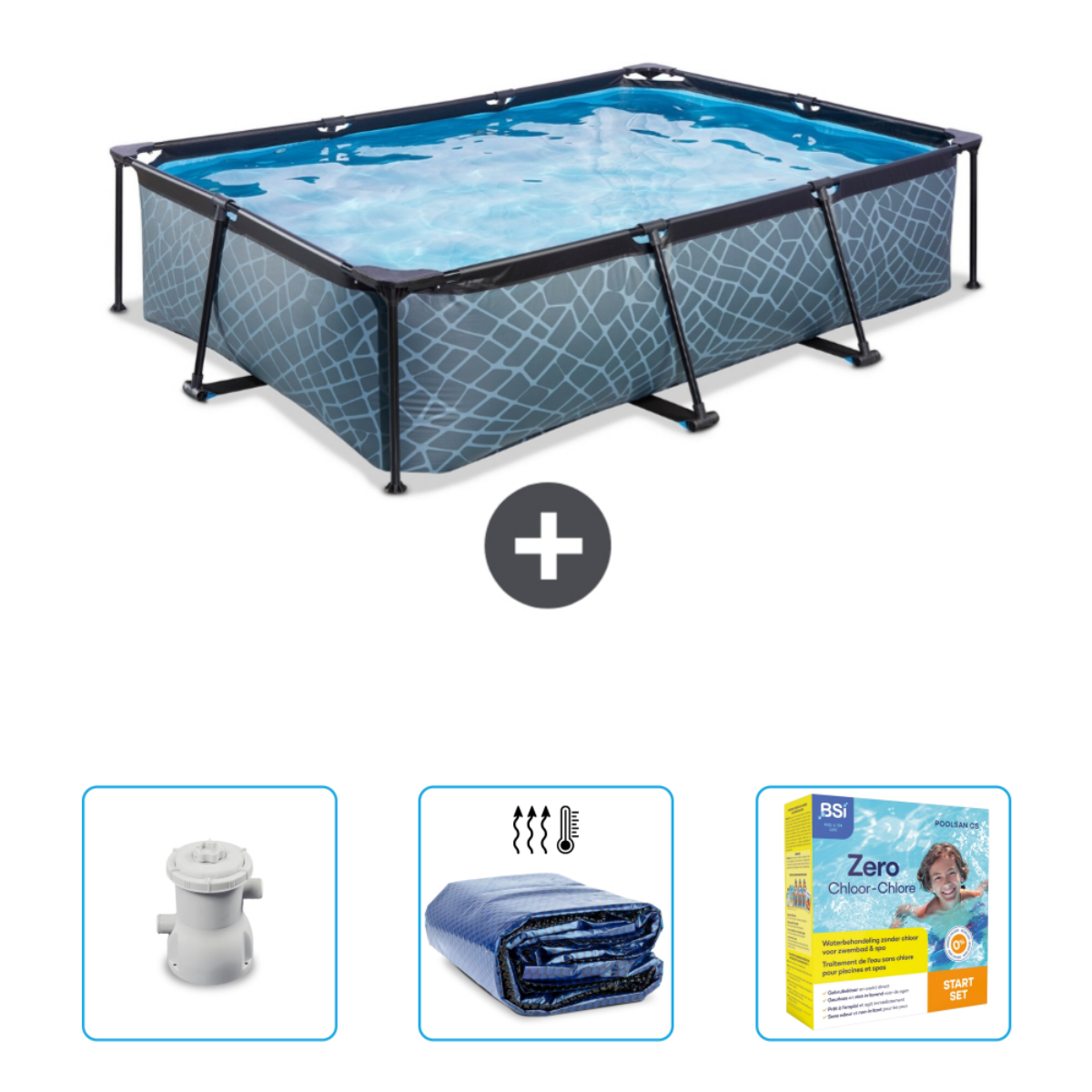 Rechteckiger Pool mit Zubehör: Pumpe, Abdeckung und Chemikalien.
