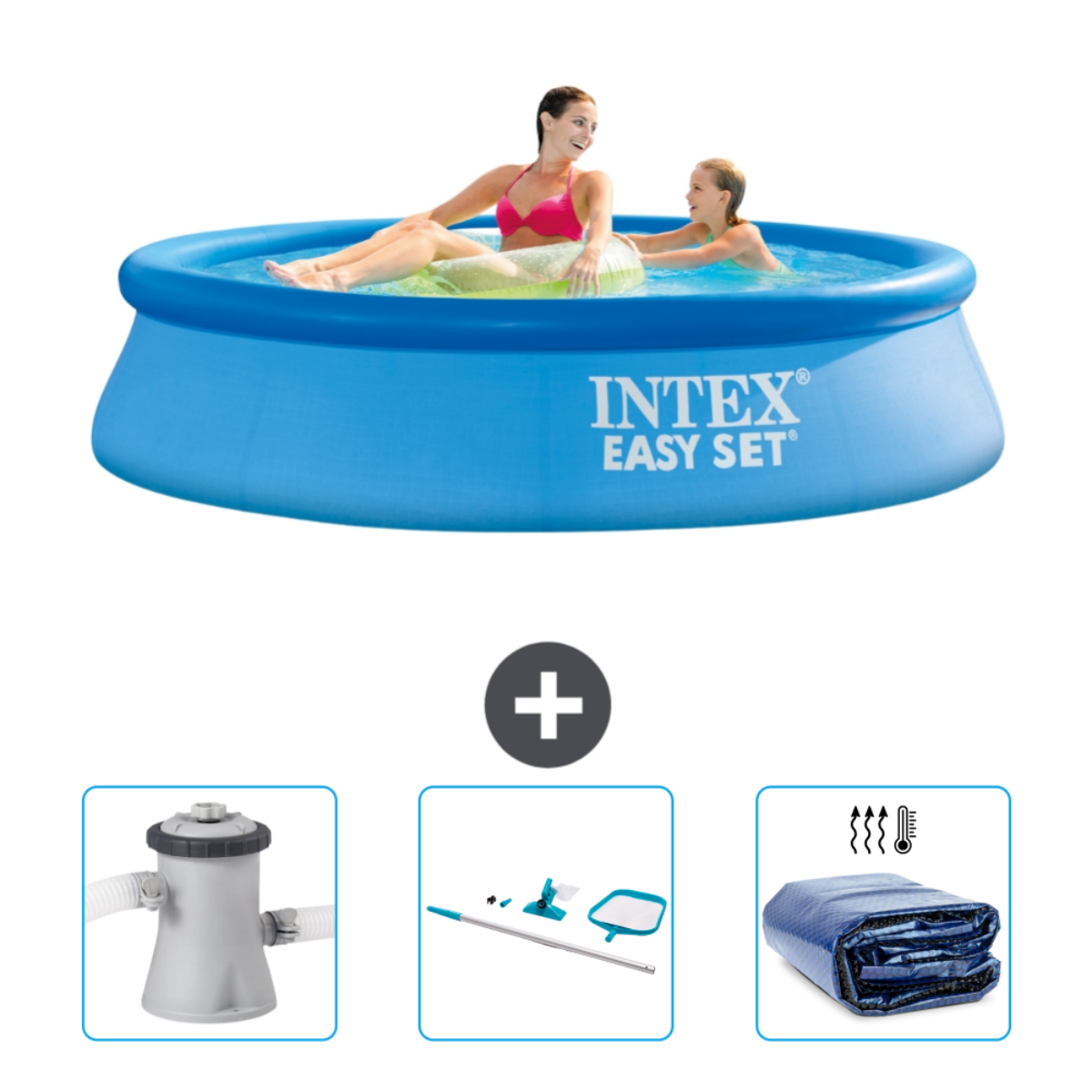 Zwei Frauen im Pool. Der Pool ist blau. Zubehör sind Filter, Netz und Abdeckung.
