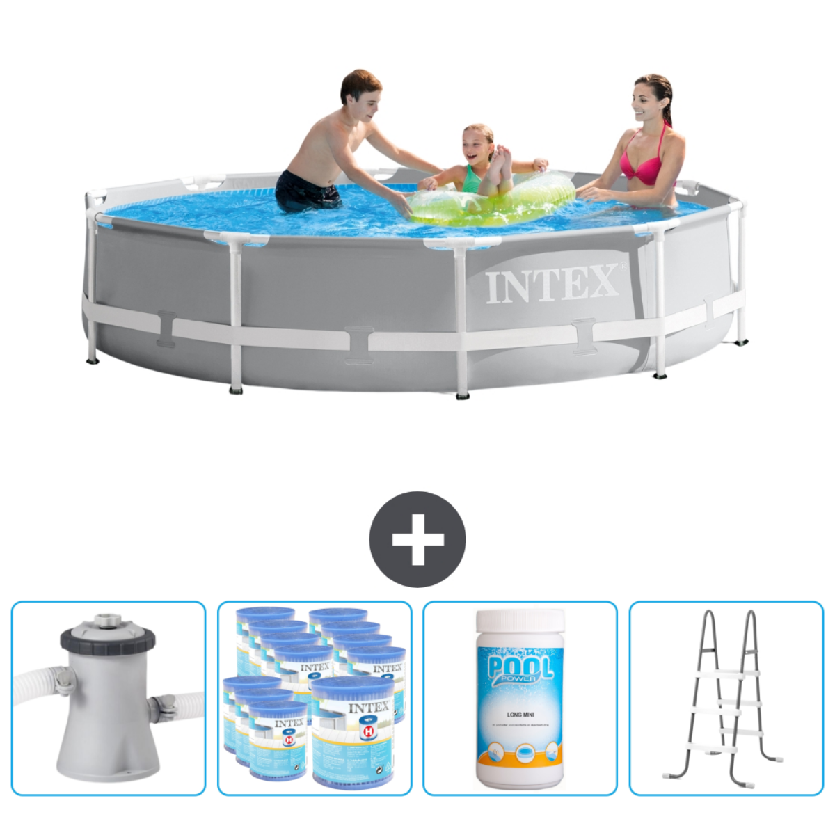 Family in a grey pool. Accessories: pump, chemicals, and ladder. Plus sign in the middle.