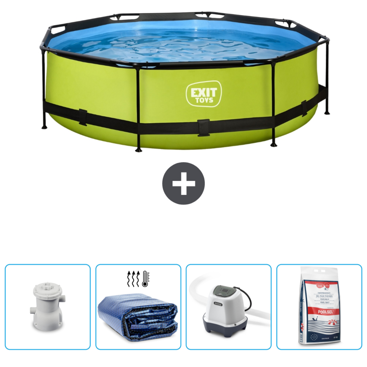 Piscine verte Exit Toys avec pompe, couverture, produits chimiques et outils de nettoyage.