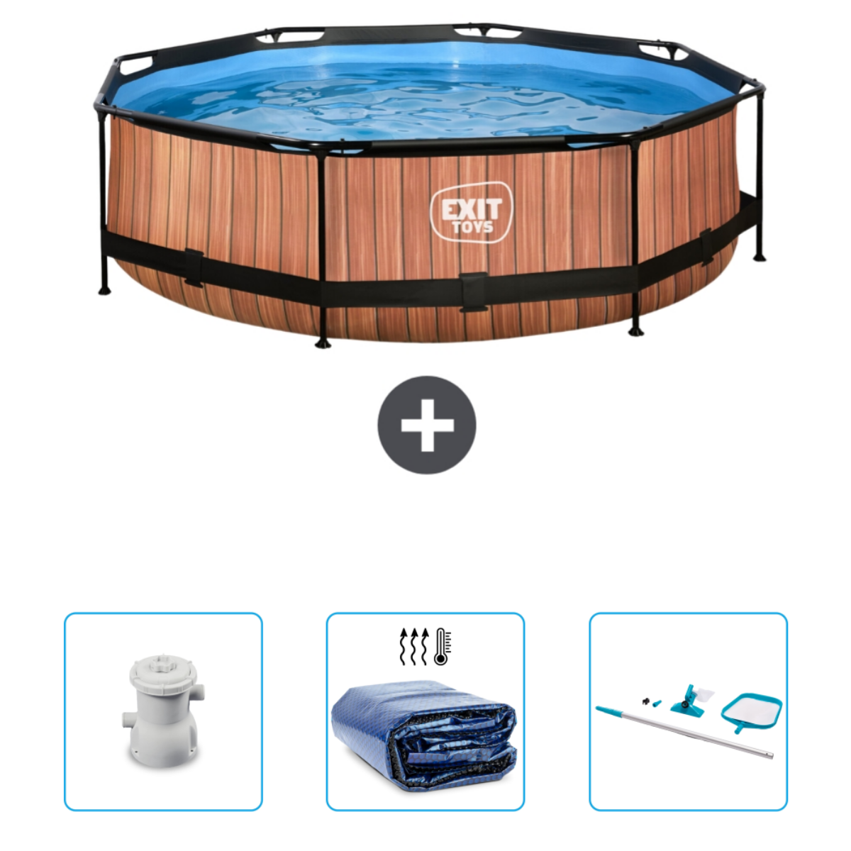 Piscine aspect bois avec pompe, bâche et kit de nettoyage. Plus au milieu.