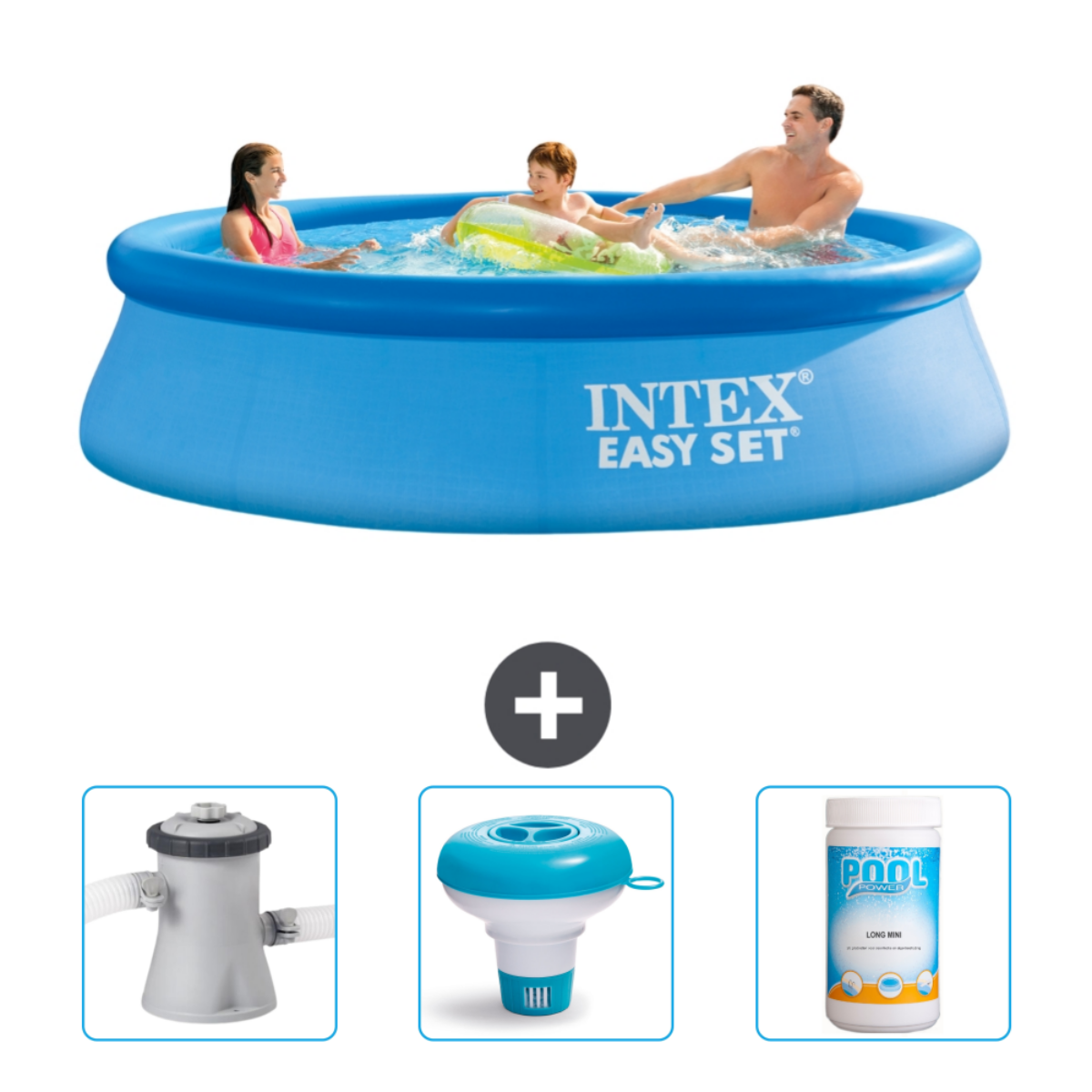 Blauer Pool mit Personen. Zubehör: Filter, Schwimmer und Pool-Reinigungschemikalien.