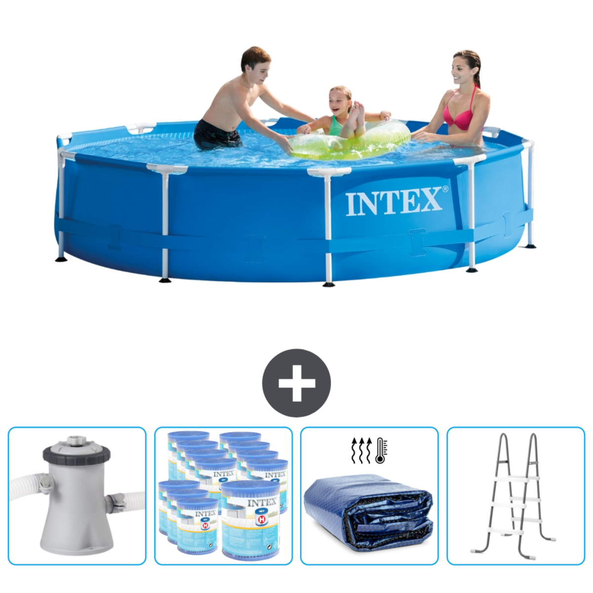 Blue Intex pool with three people and accessories: pump, chlorine, cover and ladder.