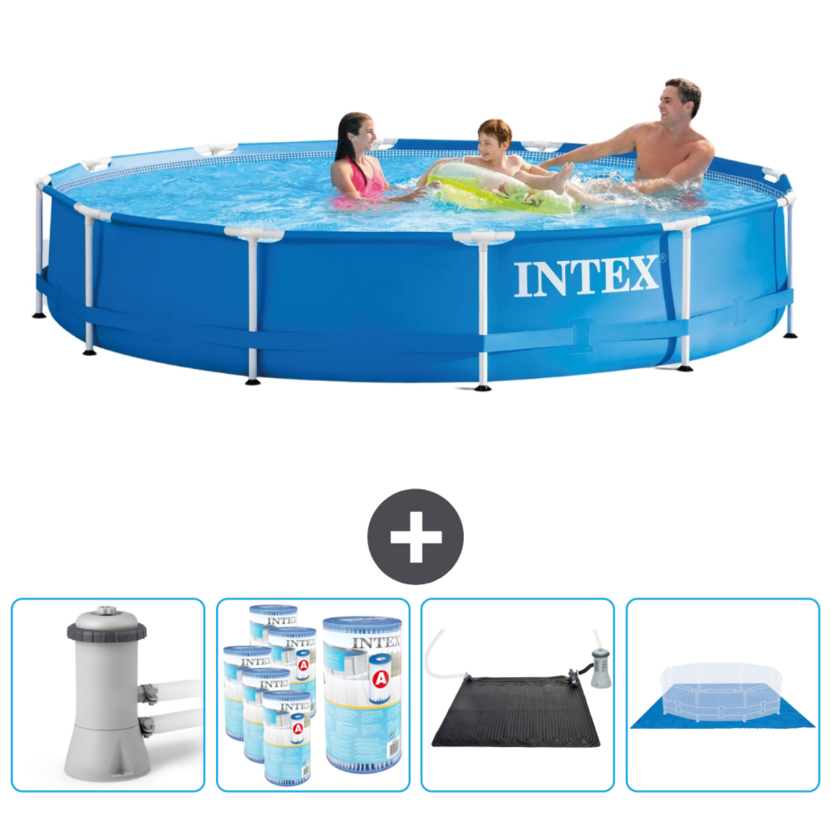 Blauw zwembad met spelende mensen. Inclusief: filter, chemicaliën, zonnemat en afdekking.