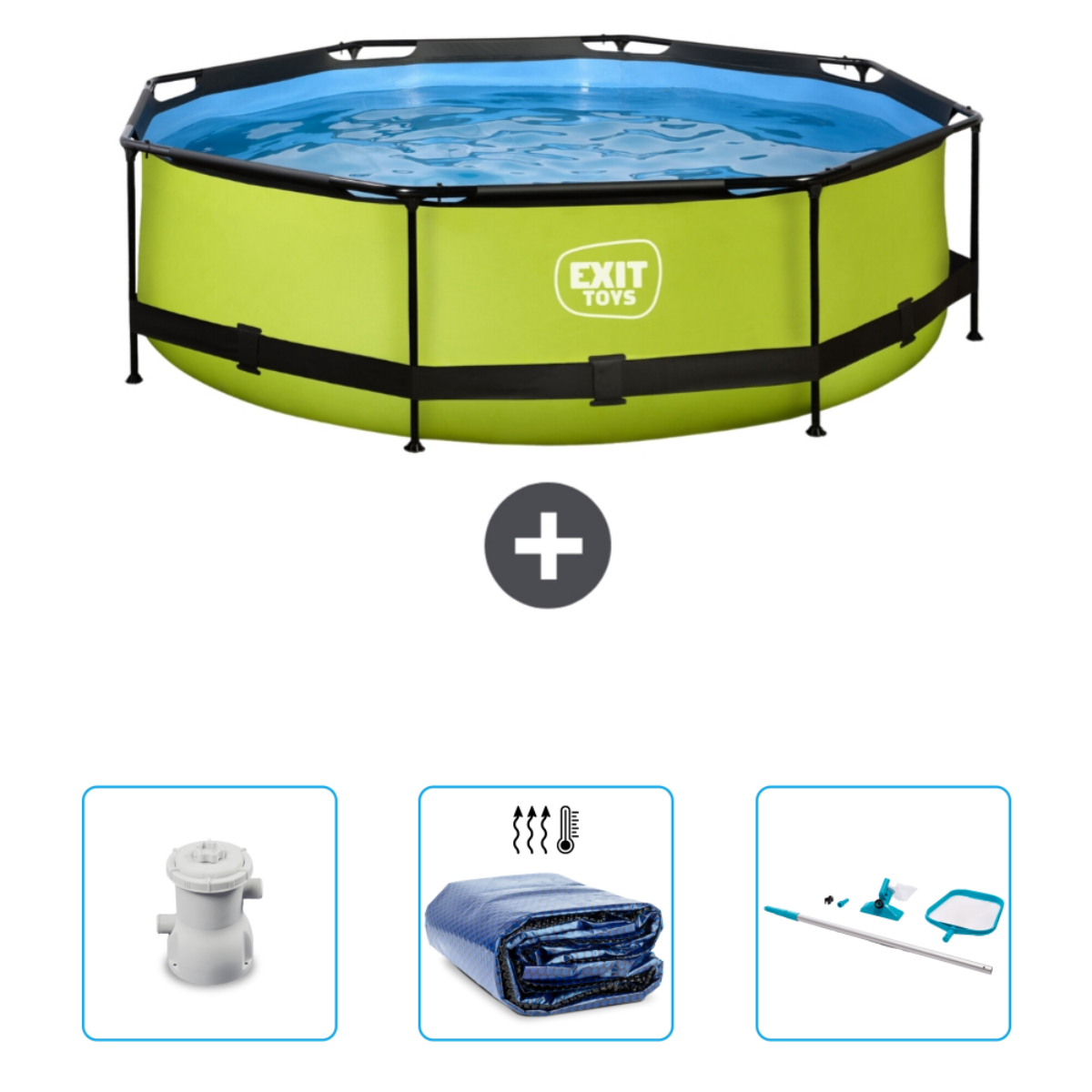 Piscine hexagonale verte. Comprend filtre, couverture et filet.