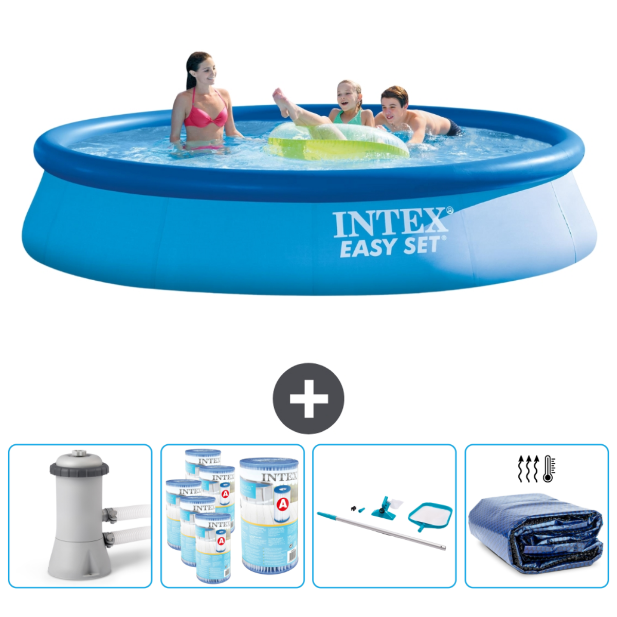 Piscine bleue avec des personnes. Un garçon, une fille avec un anneau et une femme sont dans la piscine. Pompe, produits chimiques et couverture.
