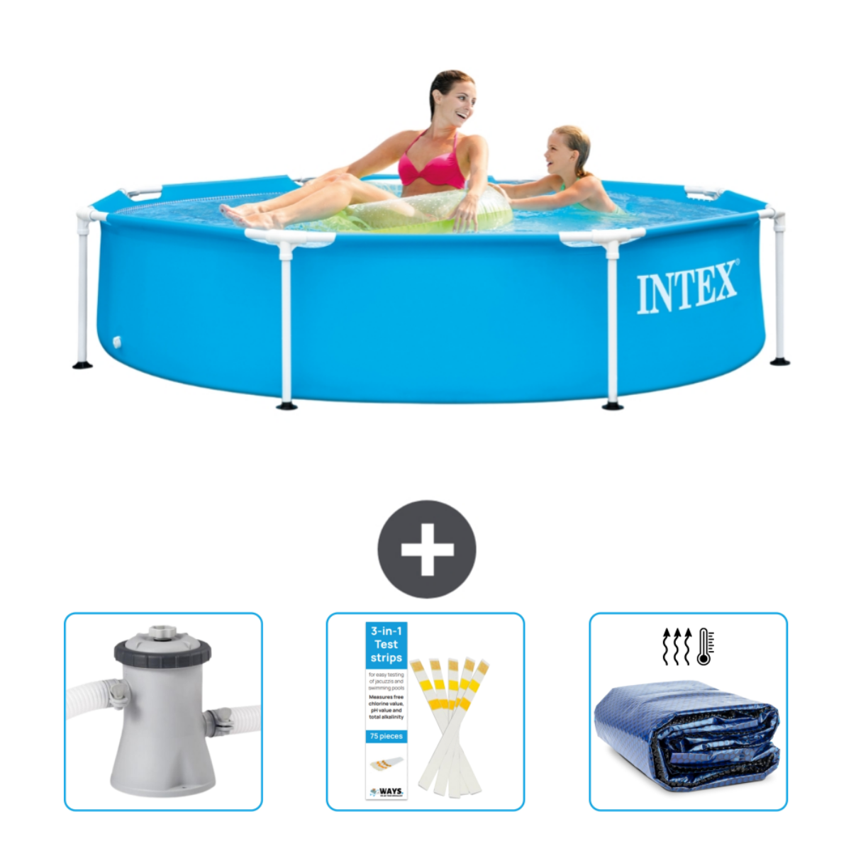 Round blue pool with people. Extras: filter, test strips, and cover.