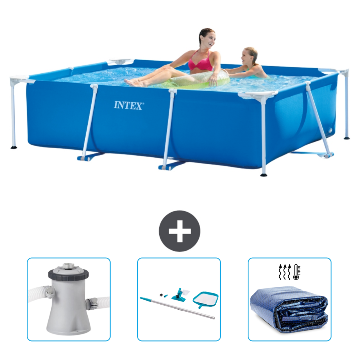 Rechteckiger Pool mit Personen. Frau und Mädchen im Pool. Pumpe, Skimmer, Abdeckung und Chemikalien.