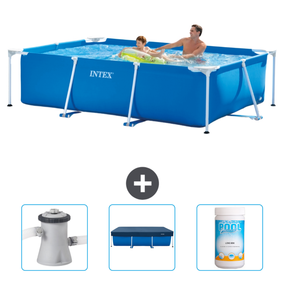Blauer rechteckiger Pool mit Personen und Zubehör. Enthält Pumpe, Abdeckung und Chemikalien. Keine Leiter.