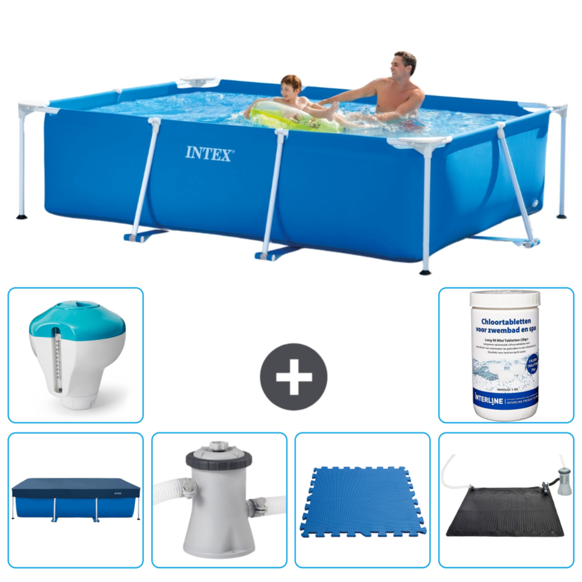 Blauw rechthoekig zwembad met mensen. Extra's: filter, afdekzeil, vloermatten en chemicaliën.