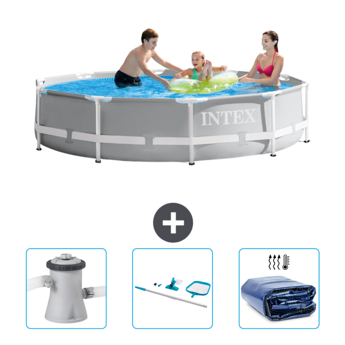 Family in pool, child on float, products: filter, cleaning set, cover.