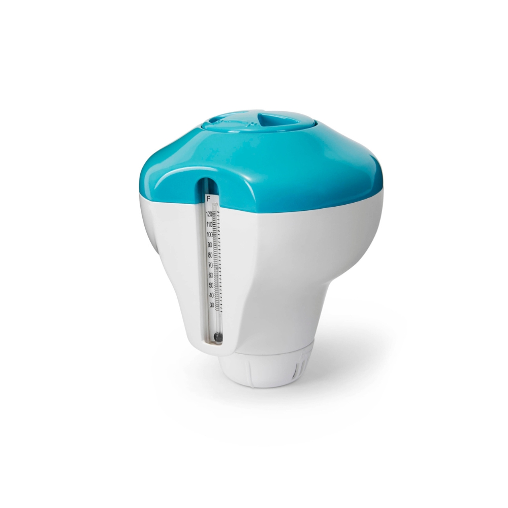 Witte en blauwe zwembadthermometer.