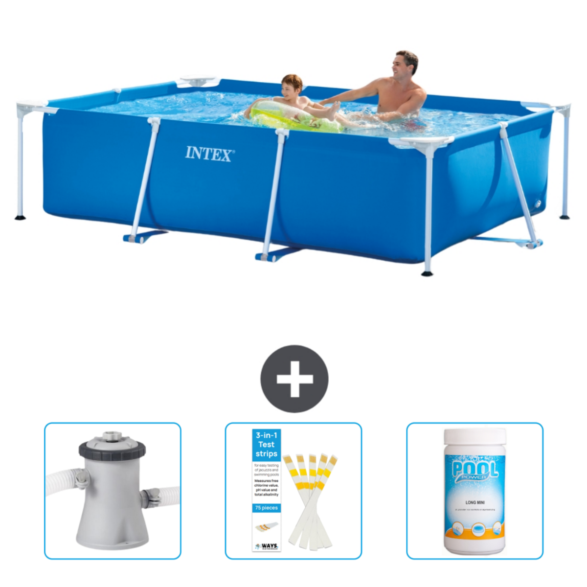 Blue Intex pool with people, plus accessories.