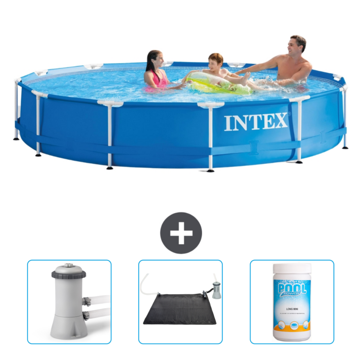Familie im blauen Intex-Pool mit Zubehör. Enthält Filter, Solarmatte und Chlorpulver.