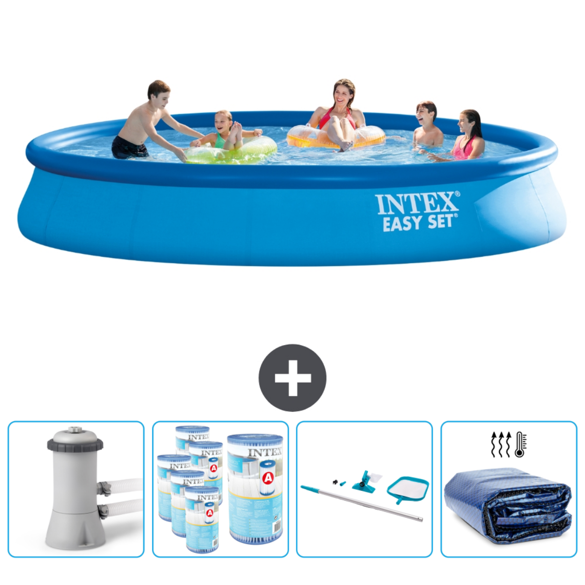 Piscine bleue avec des gens jouant. Inclut filtre, produits chimiques, outils de nettoyage et couverture.