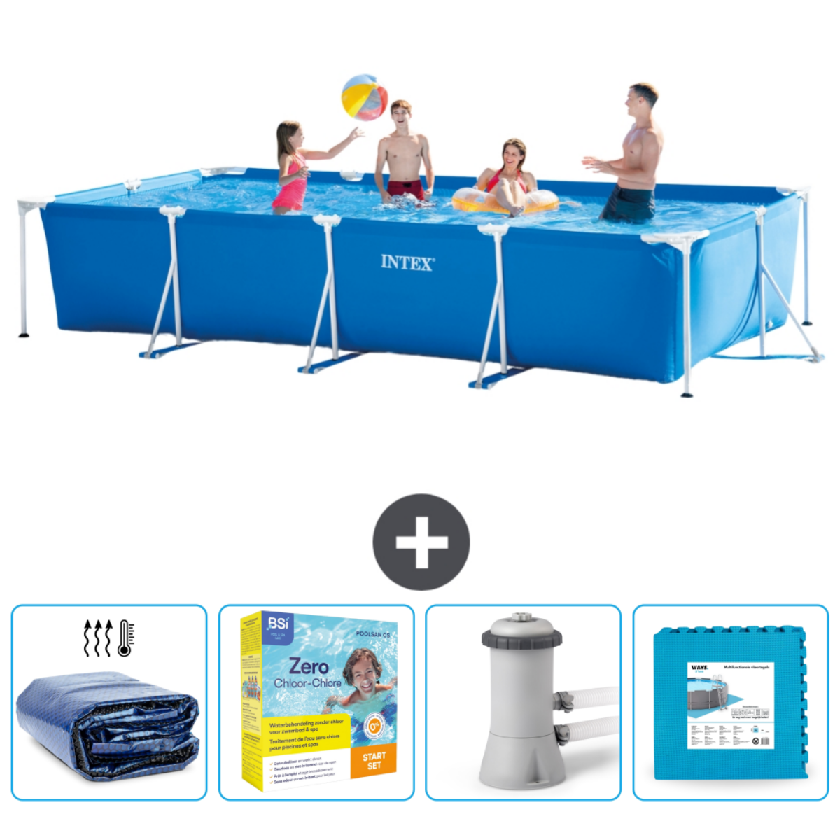 Piscine rectangulaire bleue avec personnes et accessoires. Signe plus et articles connexes ci-dessous.