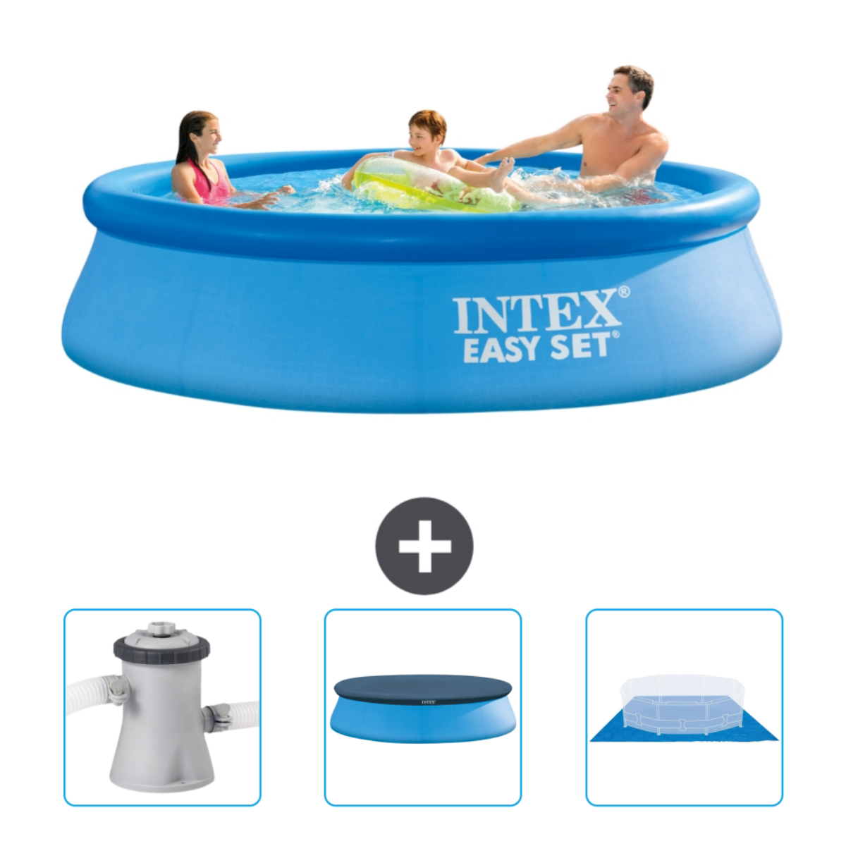 Personen in blauem Pool mit Zubehör. Pluszeichen. Zubehör: Filter, Abdeckung und Poolmatte.