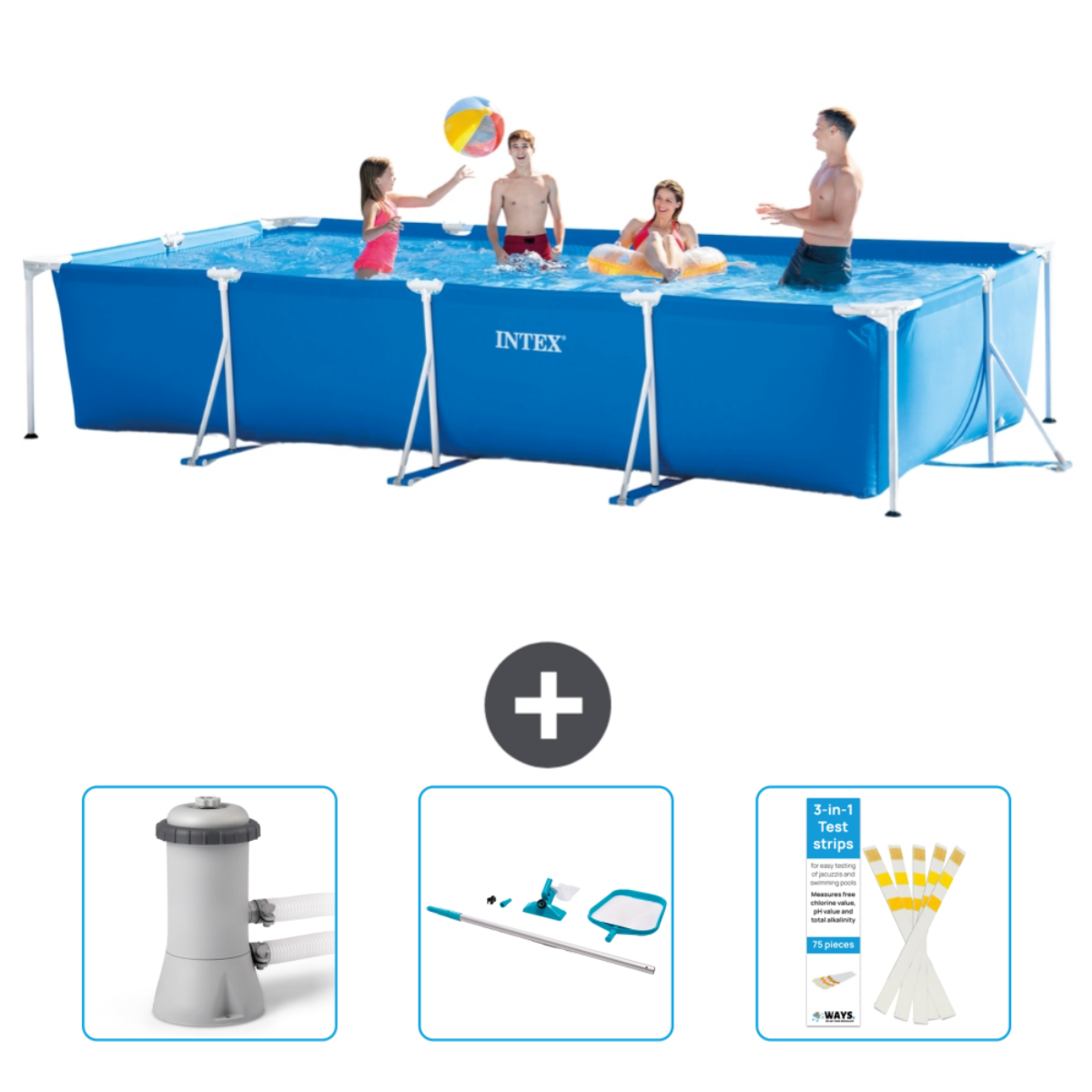 Personen in einem blauen Pool mit Zubehör. Enthält eine Pumpe, Reinigungswerkzeuge und Teststreifen.