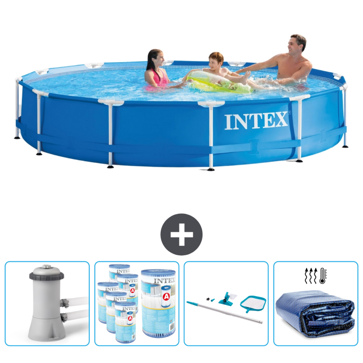 Intex pool with three people, pump, cover, cleaning tools, and chemicals.