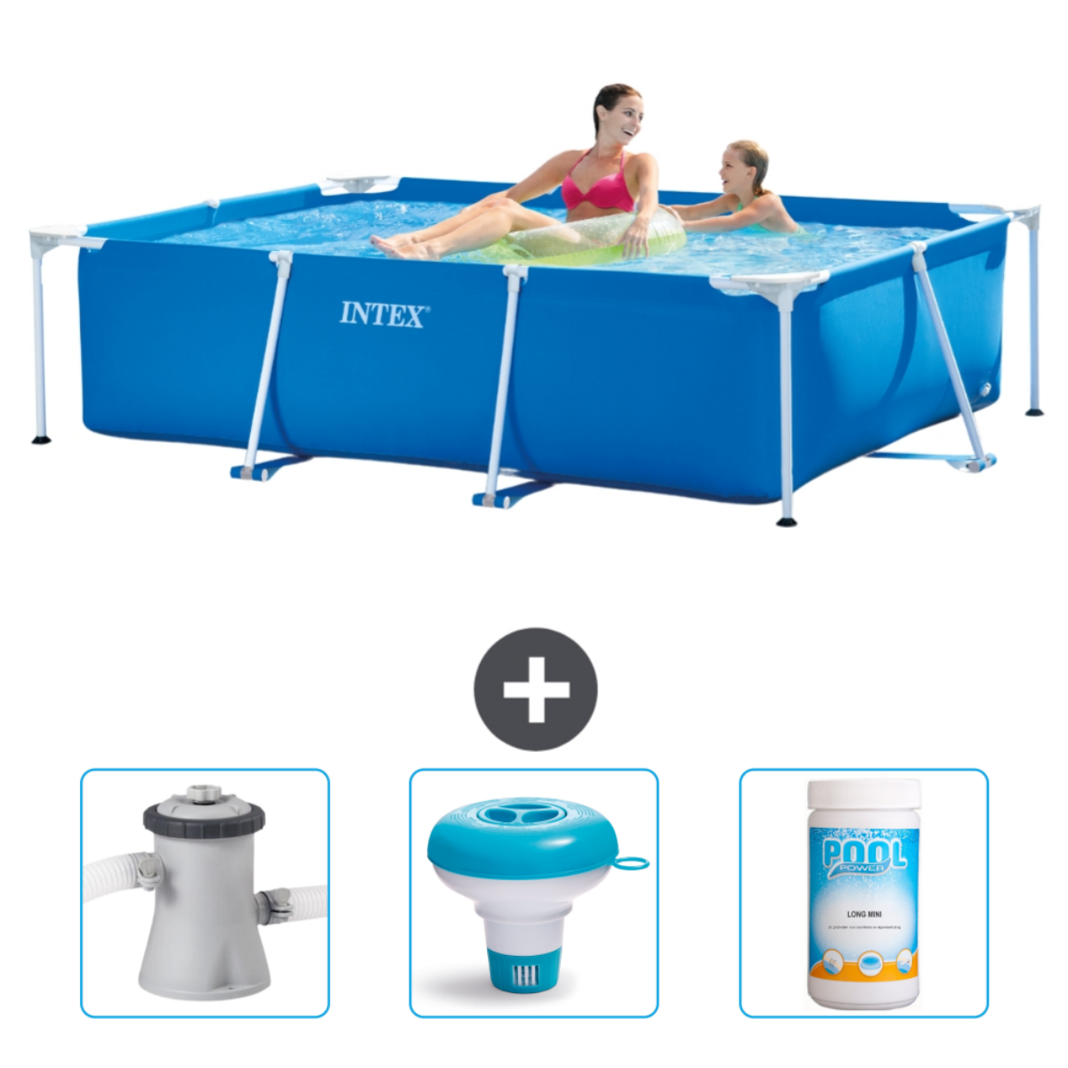 Family in a blue rectangular pool with accessories: pump, floater, and chemicals. 