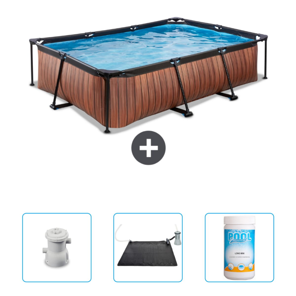 Piscine rectangulaire avec côtés imitation bois. Accessoires: pompe, chauffe-eau solaire et traitement chimique.