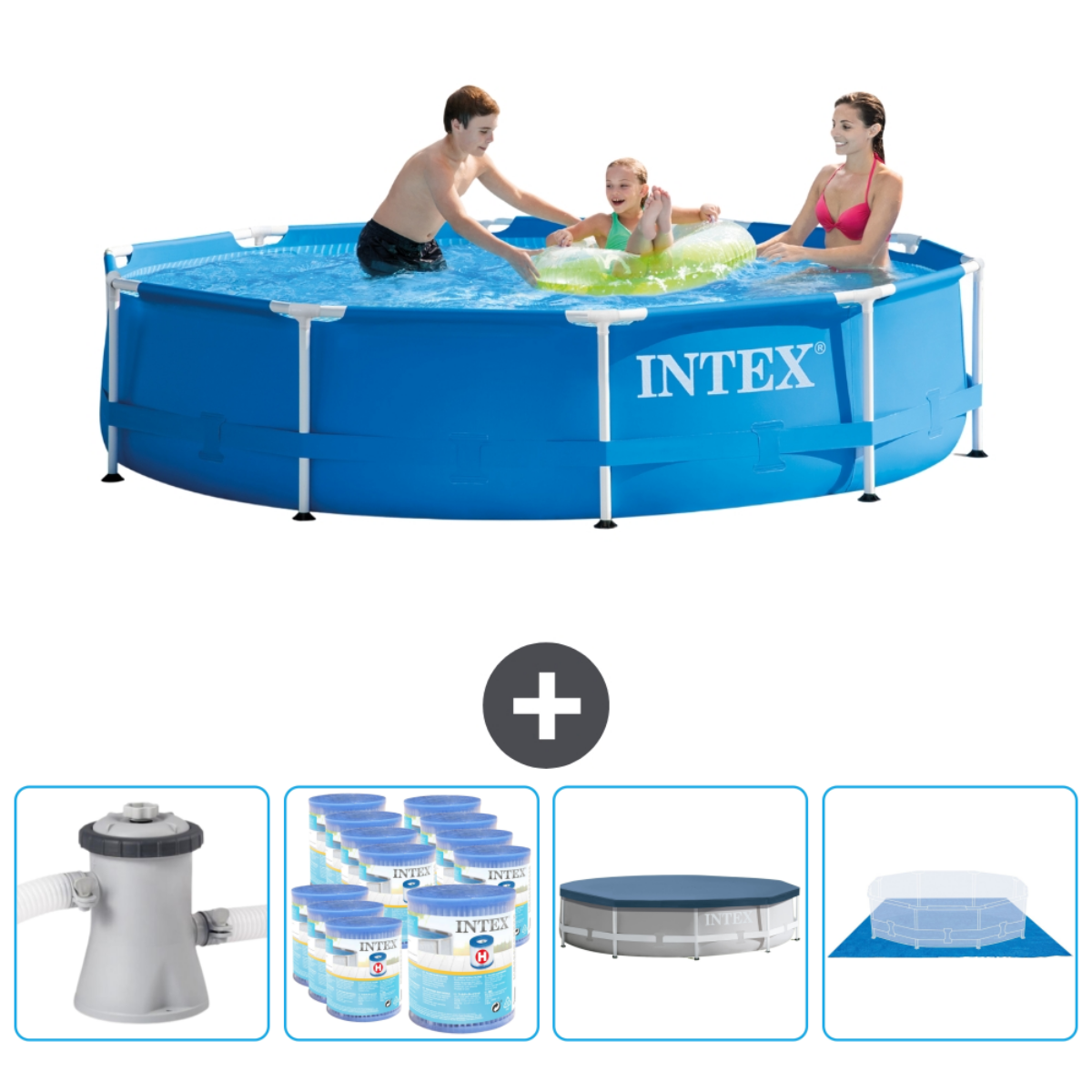 Blauw zwembad met mensen. Jongen, meisje met ring en vrouw in zwembad. Inclusief pomp, chemicaliën, cover en ladder.