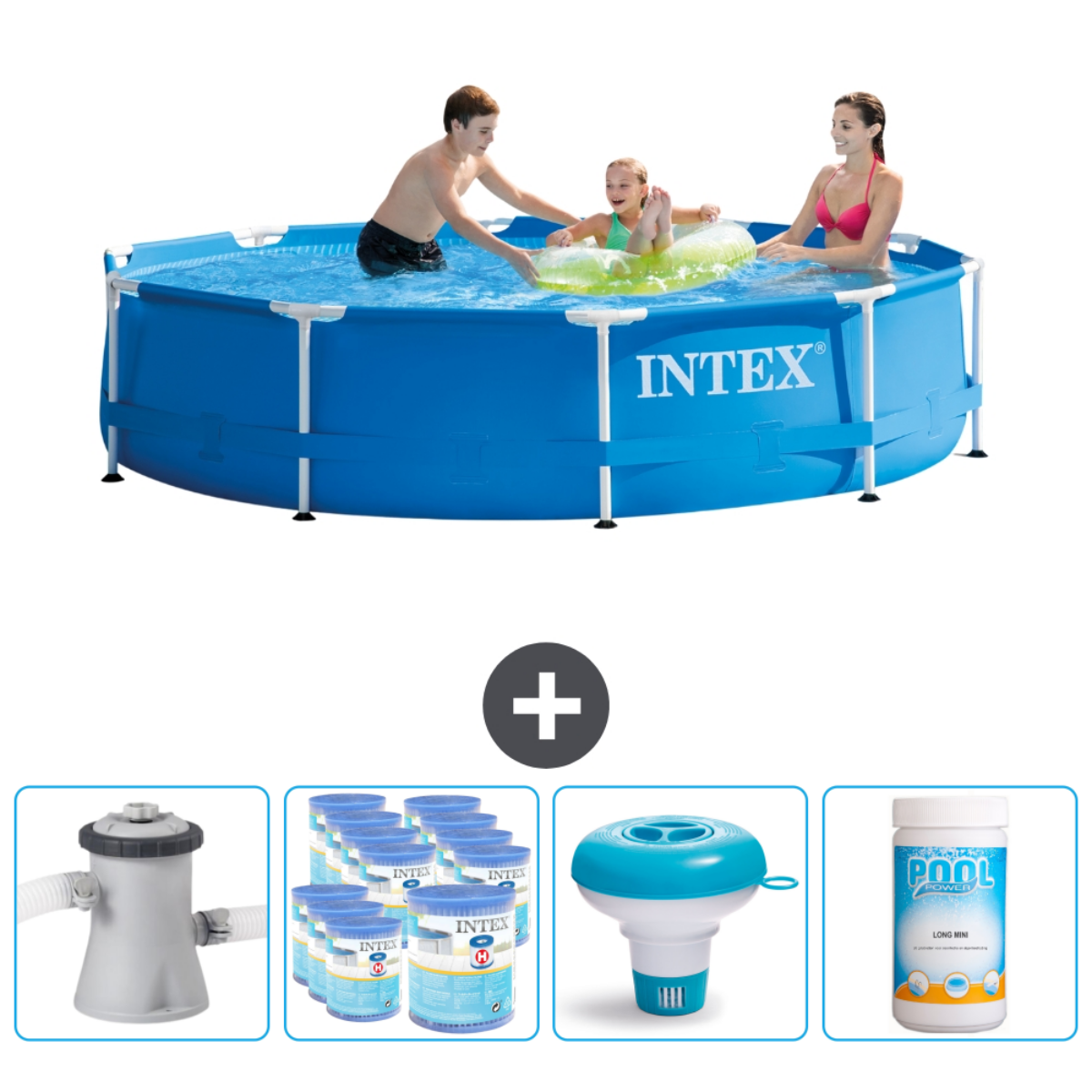 Piscine bleue ronde avec des gens et accessoires. Inclut pompe, produits chimiques et flotteur. Pas d'échelle.
