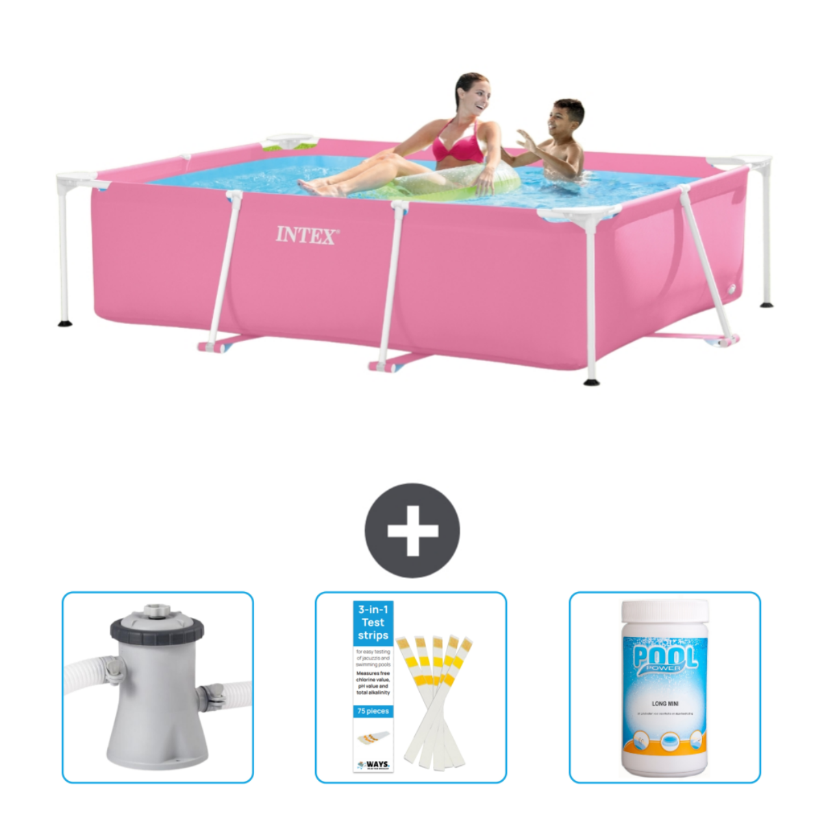 Pink pool with people swimming. Pool supplies below. White background.