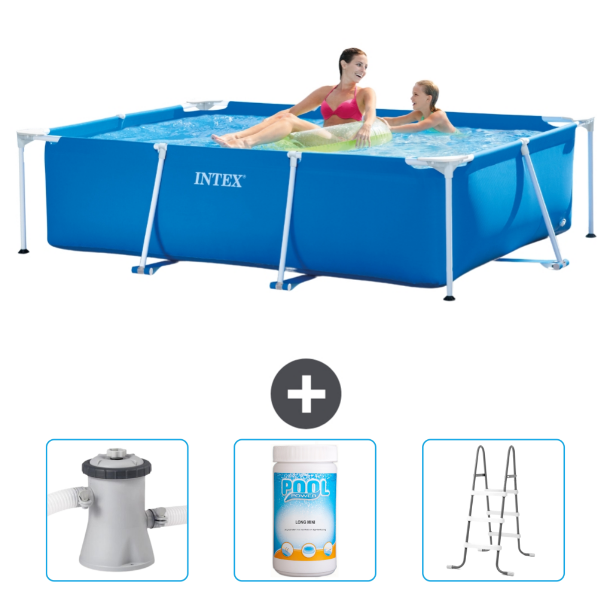 Rechteckiger Intex-Pool mit zwei Personen und Zubehör: Pumpe, Chlor und Leiter.