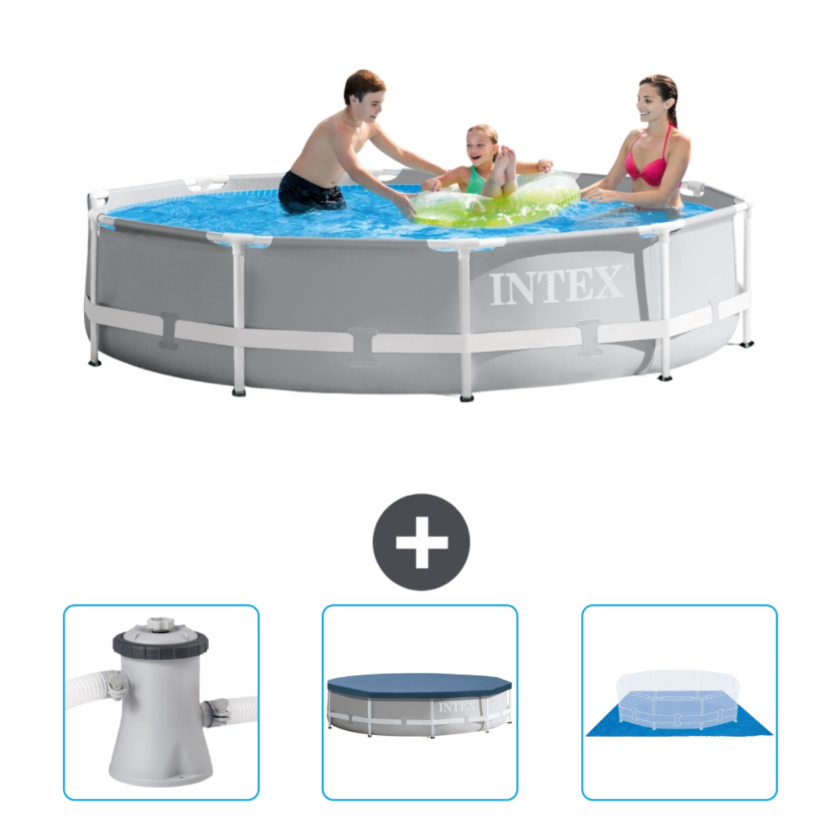 Family in pool with accessories. Gray pool with people and accessories.